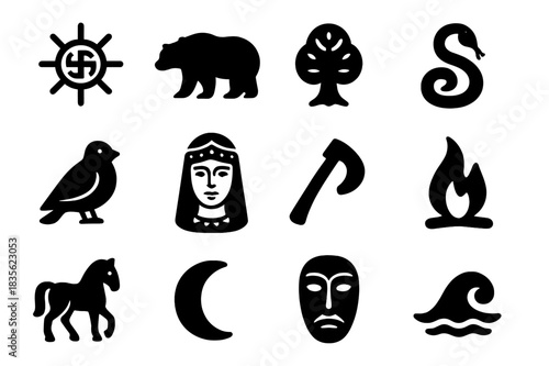 Slavic Mythology Icons. Digital consciousness. Line icon set of digital consciousness: brainwave, hologram, AI brain, data cloud, human silhouette, binary
