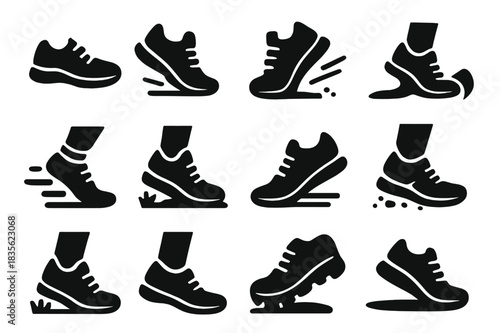 Sneakers Icons Grid. Close-Up Run. Solid icon set of sneakers, running shoes, foot striking ground, trail path, motion lines, socks, dirt, grass, pebble,