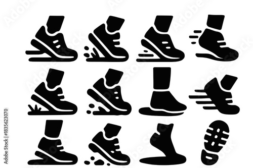 Sneakers Icons Grid. Close-Up Run. Solid icon set of sneakers, running shoes, foot striking ground, trail path, motion lines, socks, dirt, grass, pebble,