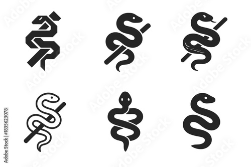 Snake Logo Variations. Snake. Icon set. Set Logo of snake: Snake wrapped around branch. harmonious logo variations of the same emblematic concept, each with