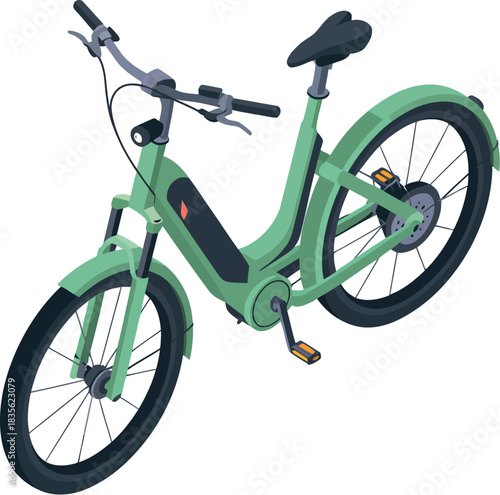 Isometric green electric bicycle ebike for urban commuting and sustainable transportation illustration art