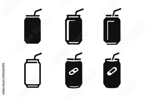 Soda Can Logos. soda can open. Icon set. Set Logo of soda can open: open can with straw. harmonious logo variations of the same emblematic concept, each with