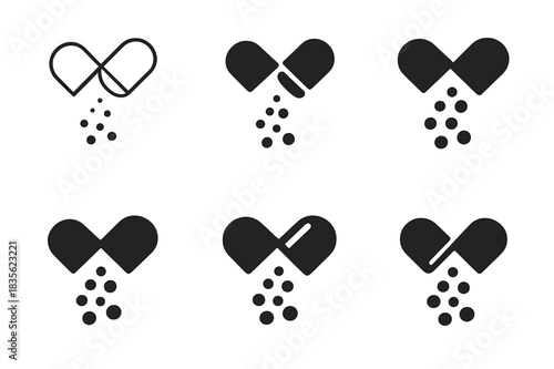 Sports Nutrition Icons. Sports nutrition. Icon set. Set Logo of Sports nutrition: Supplement capsule. harmonious logo variations of the same emblematic concept