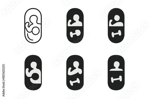 Sports Nutrition Icons. Sports nutrition. Icon set. Set Logo of Sports nutrition: Supplement capsule. harmonious logo variations of the same emblematic concept