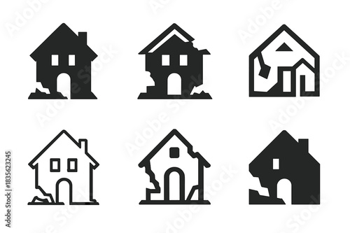 Abandoned House Logos. Dilapidated house with no sign of life. Icon set. Set Logo of abandoned home: crumbling facade. harmonious logo variations of the same