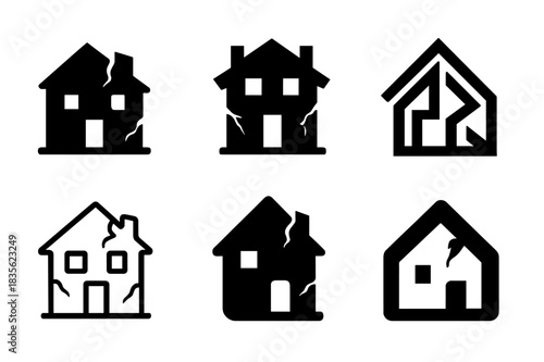 Abandoned House Logos. Dilapidated house with no sign of life. Icon set. Set Logo of abandoned home: crumbling facade. harmonious logo variations of the same