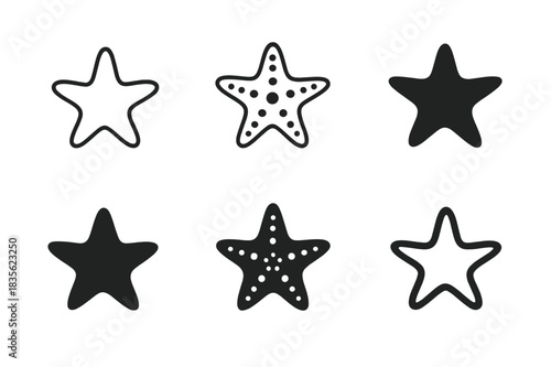 Starfish Logo Variations. Starfish. Icon set. Set Logo of underwater starfish. harmonious logo variations of the same emblematic concept (Minimal outline,