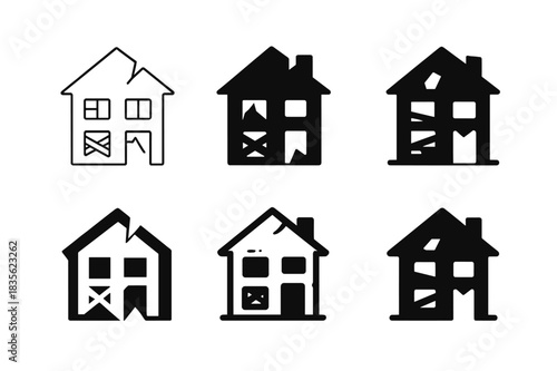 Abandoned House Logos. Dilapidated house with no sign of life. Icon set. Set Logo of abandoned home: broken roof and boarded windows. harmonious logo