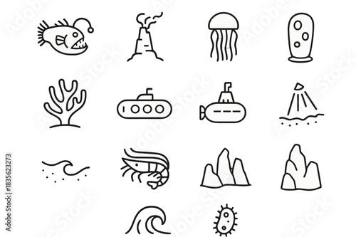 Abyssal Zone Icons. Abyssal Zone. Line icon set of Abyssal Zone: deep-sea fish, hydrothermal vent, jellyfish, sea sponge, coral, submarine, light beam, ocean