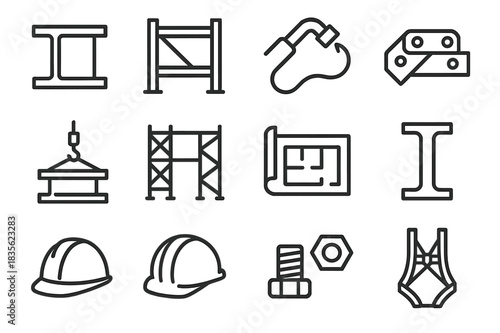 Steel Structure Icons. Steel Structure. Line icon set of Steel Structure: steel beam, construction frame, welding torch, rivet joint, crane lifting beam,