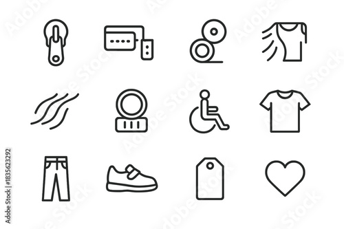 Adaptive Clothing Icons. Adaptive clothing. Line icon set of adaptive clothing: zipper pull, velcro strap, magnetic button, adjustable waistband, soft fabric,
