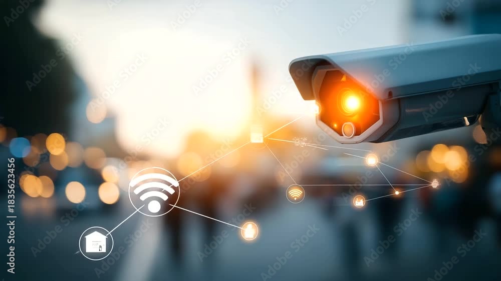 Surveillance street camera in urban city with digital icons overlay ...