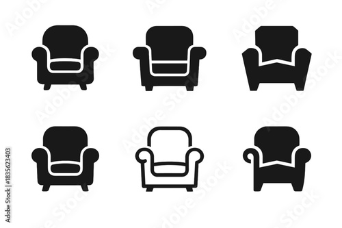 Armchair Logo Variations. Armchair armrest. Icon set. Set Logo of armchair design: cozy reading chair. harmonious logo variations of the same emblematic