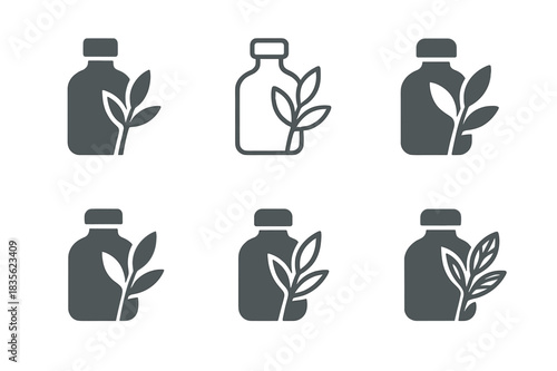 Aromatherapy Logo Variations. Aromatherapy. Icon set. Set Logo of aromatherapy: herbal sprigs with essence bottle. harmonious logo variations of the same