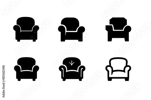Armchair Logo Variations. Armchair armrest. Icon set. Set Logo of armchair design: cozy reading chair. harmonious logo variations of the same emblematic