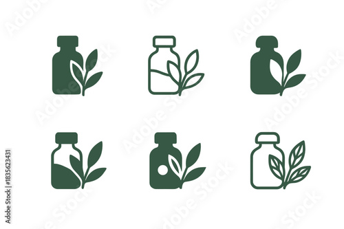 Aromatherapy Logo Variations. Aromatherapy. Icon set. Set Logo of aromatherapy: herbal sprigs with essence bottle. harmonious logo variations of the same