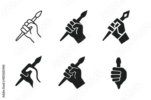 Artistic Mastery Logos. Mastering a craft or artistic skill. Icon set. Set Logo of artistic mastery: hand holding a paintbrush. harmonious logo variations of
