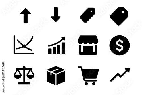 Supply and Demand Icons. Supply and demand infographic. Solid icon set of Supply and demand infographic: supply arrow, demand arrow, equilibrium point, price