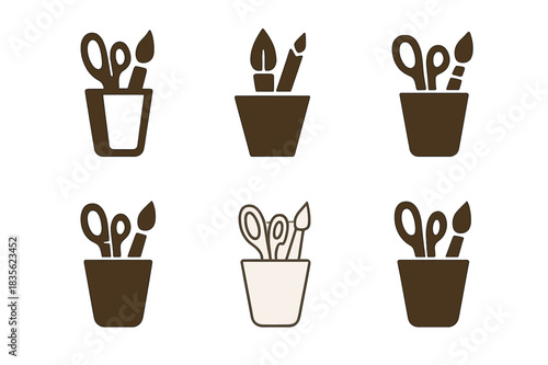 Art Tools Logos. Art supplies in a cup. Icon set. Set Logo of art supplies in a cup: Scissors, brush, and pencil grouped in cup. harmonious logo variations of