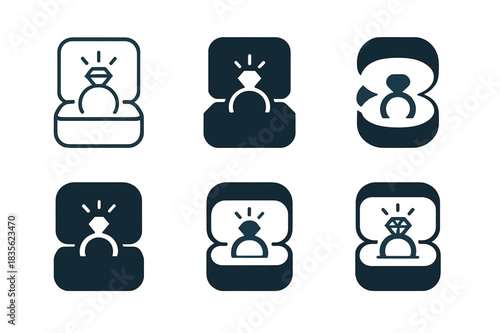 Surprise Ring Icon Set. Surprise ring box. Icon set. Set Logo of surprise ring box: open jewelry case with ring. harmonious logo variations of the same