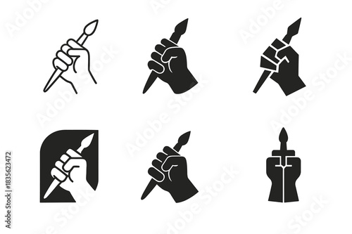 Artistic Mastery Logos. Mastering a craft or artistic skill. Icon set. Set Logo of artistic mastery: hand holding a paintbrush. harmonious logo variations of