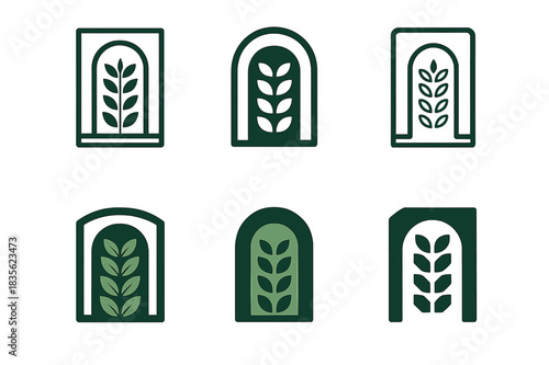 Atrium Logo Variations. Open atrium. Icon set. Set Logo of open atrium: vertical green wall. harmonious logo variations of the same emblematic concept, each