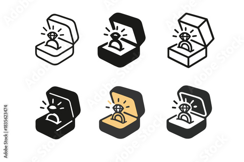 Surprise Ring Icon Set. Surprise ring box. Icon set. Set Logo of surprise ring box: open jewelry case with ring. harmonious logo variations of the same