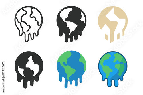 Surreal Climate Logos. Climate change visualizations in surreal art. Icon set. Set Logo of climate change visualizations in surreal art: melting Earth.
