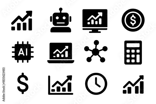 Automated Trading Icons. Automated trading. Solid icon set of automated trading: graph arrow, robot, stock screen, coin, AI chip, laptop, network nodes,