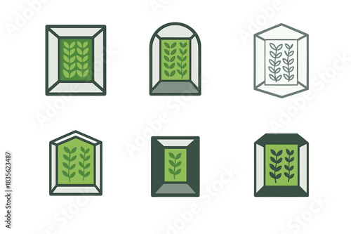Atrium Logo Variations. Open atrium. Icon set. Set Logo of open atrium: vertical green wall. harmonious logo variations of the same emblematic concept, each