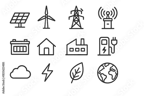 Sustainable Energy Icons. Sustainable energy network. Line icon set of sustainable energy network: solar panels, wind turbines, power grid, control tower,