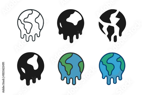 Surreal Climate Logos. Climate change visualizations in surreal art. Icon set. Set Logo of climate change visualizations in surreal art: melting Earth.
