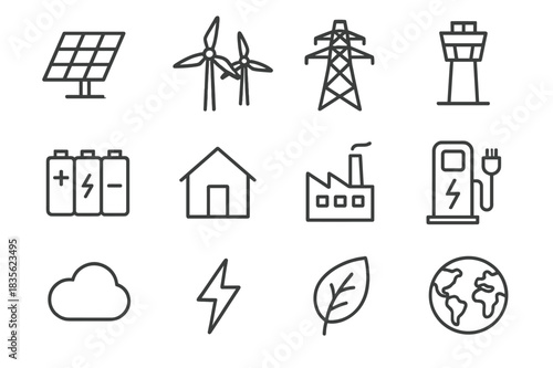 Sustainable Energy Icons. Sustainable energy network. Line icon set of sustainable energy network: solar panels, wind turbines, power grid, control tower,