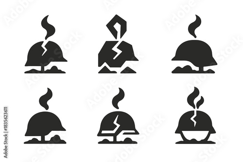 Battlefield Logo Variations. The remains of a battlefield with smoke rising into the sky. Icon set. Set Logo of battlefield remains: cracked helmet and plume.