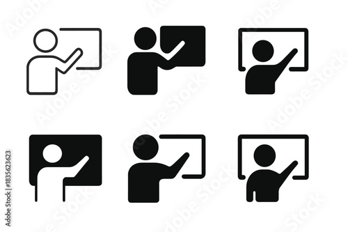 Teaching Logo Variations. Teaching moment. Icon set. Set Logo of teaching moment: Teacher pointing at chalkboard. harmonious logo variations of the same