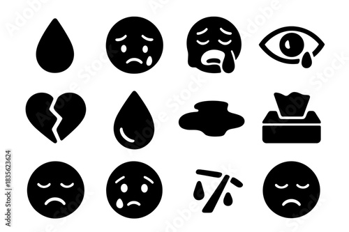 Tears and Emotions Icons. Weeping. Solid icon set of teardrop, crying face, streaming tears, eye with tear, broken heart, water droplet, puddle, tissue, frown,