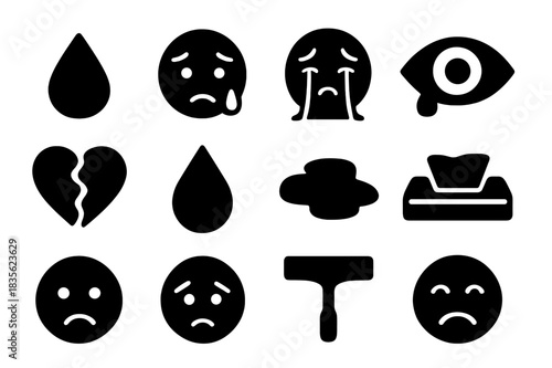 Tears and Emotions Icons. Weeping. Solid icon set of teardrop, crying face, streaming tears, eye with tear, broken heart, water droplet, puddle, tissue, frown,