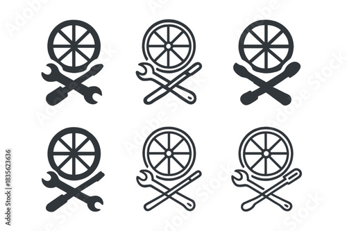 Bicycle Repair Logos. Fixing a bicycle. Icon set. Set Logo of fixing a bicycle: Bicycle repair toolkit. harmonious logo variations of the same emblematic
