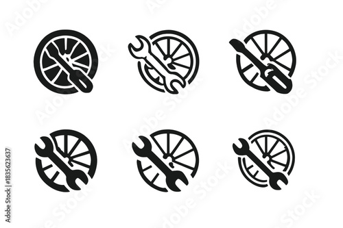 Bicycle Repair Logos. Fixing a bicycle. Icon set. Set Logo of fixing a bicycle: Bicycle repair toolkit. harmonious logo variations of the same emblematic