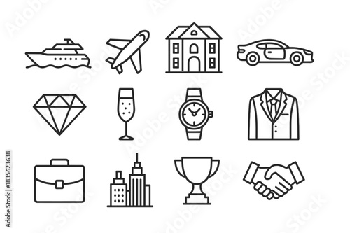 Billionaire Icon Set. Billionaire lifestyle. Line icon set of billionaire lifestyle: yacht, jet, mansion, sports car, diamond, champagne glass, watch, suit,