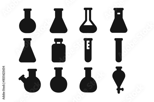 Black Flask Icons. Flasks. Solid icon set of flasks: round bottom flask, erlenmeyer flask, volumetric flask, boiling flask, conical flask, reagent bottle,