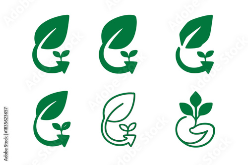 Biodegradable Icons Showcase. Biodegradable materials. Icon set. Set Logo of biodegradable materials: compostable product icon. harmonious logo variations of
