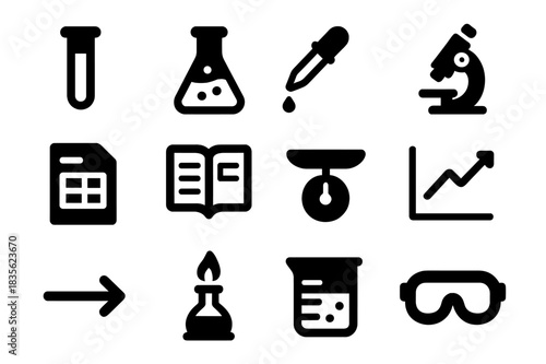 Black Science Icons. Experiment workflow. Solid icon set of Experiment workflow: test tube, flask, pipette, microscope, data sheet, notebook, measurement