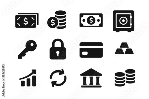 Black Money Management Icons. Money management. Solid icon set of Money management: cash stack, coins, dollar bills, safe, vault, key, lock, credit card, gold