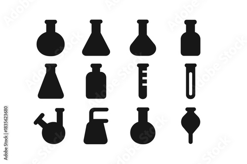 Black Flask Icons. Flasks. Solid icon set of flasks: round bottom flask, erlenmeyer flask, volumetric flask, boiling flask, conical flask, reagent bottle,