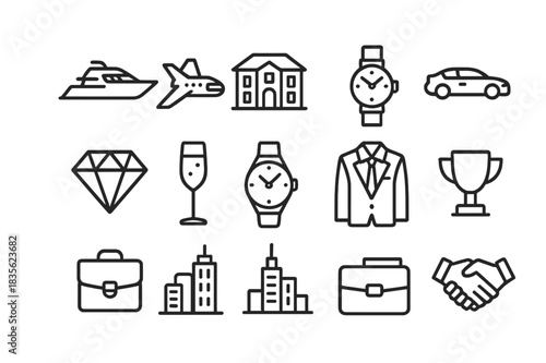 Billionaire Icon Set. Billionaire lifestyle. Line icon set of billionaire lifestyle: yacht, jet, mansion, sports car, diamond, champagne glass, watch, suit,
