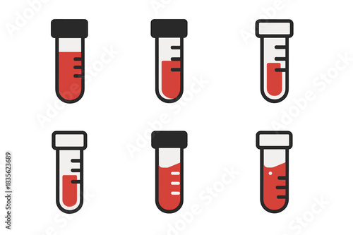 Blood Sample Icons. Blood sample in test tube. Icon set. Set Logo of blood sample: test tube with measurement marks. harmonious logo variations of the same