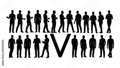 Collection of diverse male silhouettes with v letter isolated on white background, Vector