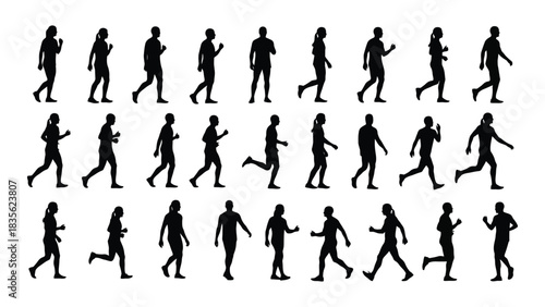 Running and walking people silhouettes isolated on white background, Vector