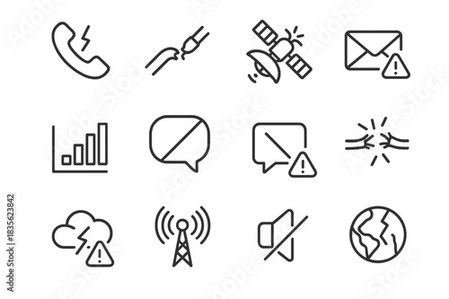 Broken Communication Icons. Broken communication lines. Line icon set of broken communication lines: phone with crack, cut cable, broken satellite, signal